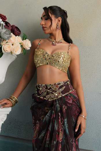Mahima Mahajan_Multi Color Silk Organza Sweetheart Neck Nazeer Floral Pattern Draped Skirt Set _at_Aza_Fashions