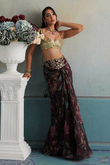 Buy_Mahima Mahajan_Multi Color Silk Organza Sweetheart Neck Nazeer Floral Pattern Draped Skirt Set 