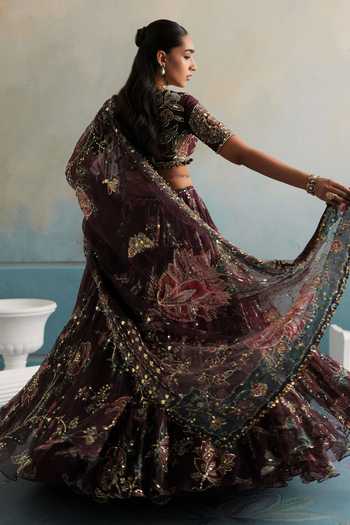 Mahima Mahajan_Multi Color Silk Organza Plunge Neck Bhor Hand Embroidered Blouse Lehenga Set _Online_at_Aza_Fashions
