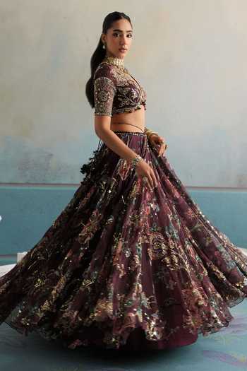 Buy_Mahima Mahajan_Multi Color Silk Organza Plunge Neck Bhor Hand Embroidered Blouse Lehenga Set _Online_at_Aza_Fashions