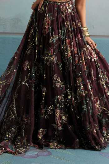 Shop_Mahima Mahajan_Multi Color Silk Organza Plunge Neck Bhor Hand Embroidered Blouse Lehenga Set _Online_at_Aza_Fashions