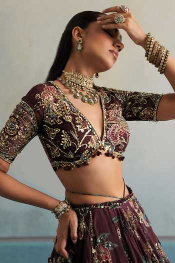 Mahima Mahajan_Multi Color Silk Organza Plunge Neck Bhor Hand Embroidered Blouse Lehenga Set _at_Aza_Fashions