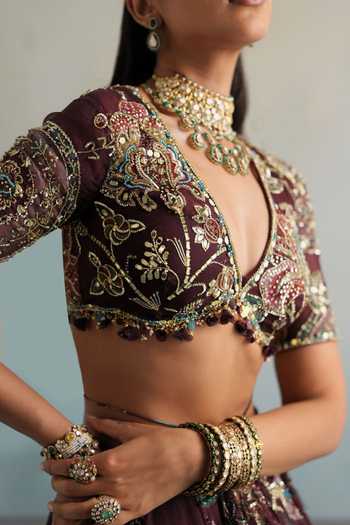 Buy_Mahima Mahajan_Multi Color Silk Organza Plunge Neck Bhor Hand Embroidered Blouse Lehenga Set 