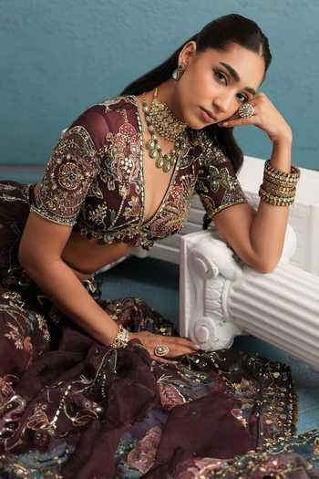 Shop_Mahima Mahajan_Multi Color Silk Organza Plunge Neck Bhor Hand Embroidered Blouse Lehenga Set 