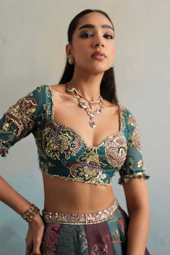 Mahima Mahajan Multi Color Silk Organza Sweetheart Neck Saida Hand Embroidered Lehenga Set Online at Aza Fashions Mahima Mahajan_Multi Color Silk Organza Sweetheart Neck Saida Hand Embroidered Lehenga Set _Online_at_Aza_Fashions