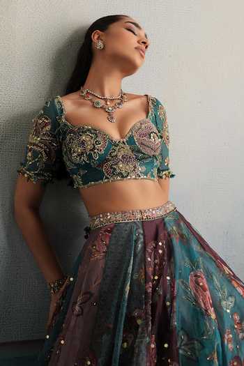 Shop Mahima Mahajan Multi Color Silk Organza Sweetheart Neck Saida Hand Embroidered Lehenga Set Online at Aza Fashions Shop_Mahima Mahajan_Multi Color Silk Organza Sweetheart Neck Saida Hand Embroidered Lehenga Set _Online_at_Aza_Fashions