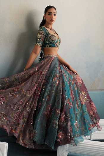 Mahima Mahajan Multi Color Silk Organza Sweetheart Neck Saida Hand Embroidered Lehenga Set at Aza Fashions Mahima Mahajan_Multi Color Silk Organza Sweetheart Neck Saida Hand Embroidered Lehenga Set _at_Aza_Fashions