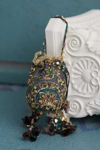 Mahima Mahajan Teal Embroidery, Sequins, Beads, Tassels Hand Floral Potli Online at Aza Fashions Mahima Mahajan_Teal Embroidery, Sequins, Beads, Tassels Hand Floral Potli _Online_at_Aza_Fashions