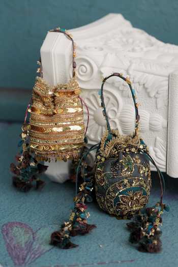 Buy Mahima Mahajan Teal Embroidery, Sequins, Beads, Tassels Hand Floral Potli Buy_Mahima Mahajan_Teal Embroidery, Sequins, Beads, Tassels Hand Floral Potli