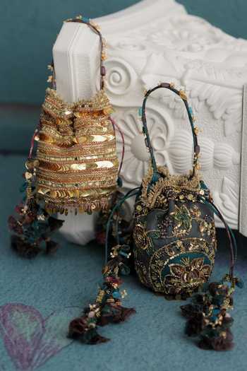 Mahima Mahajan Gold Sequins, Beads, Tassels Hand Embroidered Potli at Aza Fashions Mahima Mahajan_Gold Sequins, Beads, Tassels Hand Embroidered Potli _at_Aza_Fashions