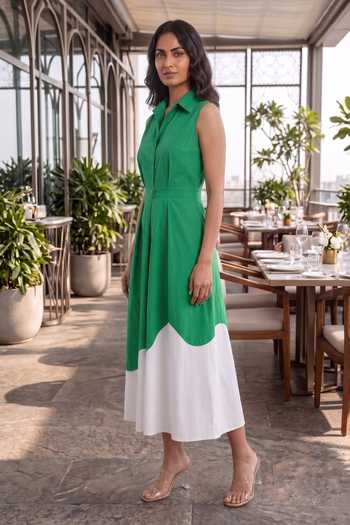 Buy_B'Infinite_Green Cotton Collared Neck Colorblock Midi Dress _Online_at_Aza_Fashions