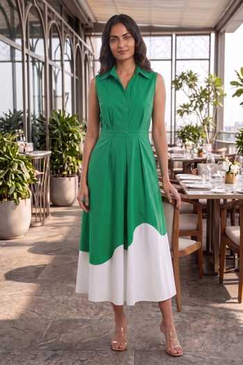 Shop_B'Infinite_Green Cotton Collared Neck Colorblock Midi Dress _Online_at_Aza_Fashions