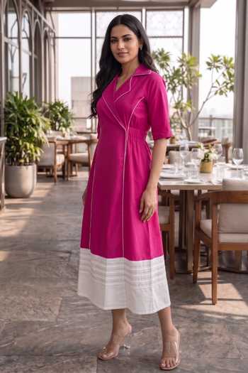 Shop_B'Infinite_Pink Cotton V-neck Wrap Midi Dress _Online_at_Aza_Fashions
