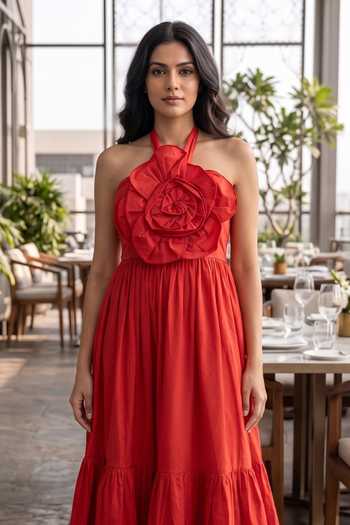 B'Infinite_Red Cotton Halter Neck Applique Maxi Dress _Online_at_Aza_Fashions