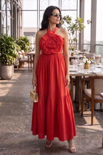 Buy_B'Infinite_Red Cotton Halter Neck Applique Maxi Dress _Online_at_Aza_Fashions