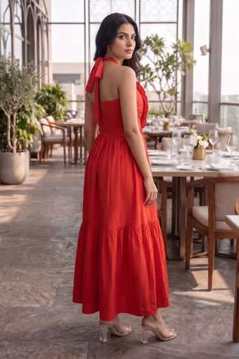 Shop_B'Infinite_Red Cotton Halter Neck Applique Maxi Dress _Online_at_Aza_Fashions
