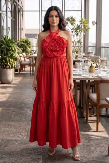 B'Infinite Red Applique Halter Maxi Dress 