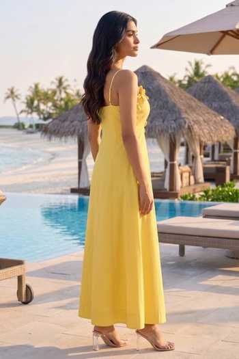 B'Infinite_Yellow Cotton Sweetheart Neck Spaghetti-strap Pearl Applique Dress _Online_at_Aza_Fashions