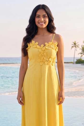 Buy_B'Infinite_Yellow Cotton Sweetheart Neck Spaghetti-strap Pearl Applique Dress _Online_at_Aza_Fashions