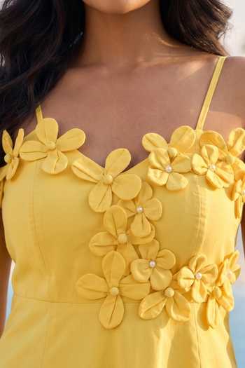 Shop_B'Infinite_Yellow Cotton Sweetheart Neck Spaghetti-strap Pearl Applique Dress _Online_at_Aza_Fashions