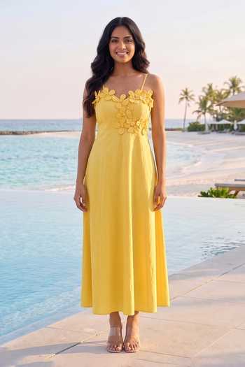 B'Infinite_Yellow Cotton Sweetheart Neck Spaghetti-strap Pearl Applique Dress _at_Aza_Fashions