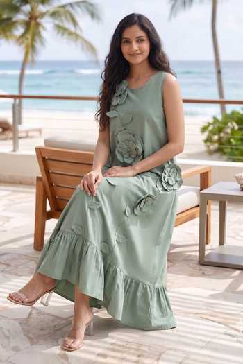 Buy_B'Infinite_Green Cotton Round Neck Womens Applique Ruffle-hem Dress _Online_at_Aza_Fashions