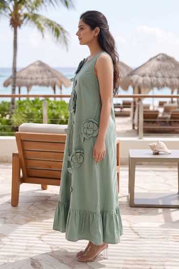 Shop_B'Infinite_Green Cotton Round Neck Womens Applique Ruffle-hem Dress _Online_at_Aza_Fashions