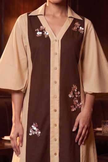 B'Infinite_Brown Cotton V-, Collared Embellished Shirt Maxi Dress _Online_at_Aza_Fashions