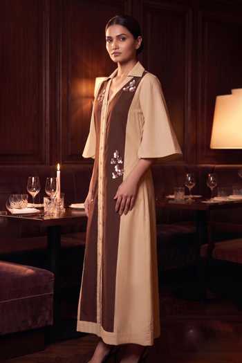 Buy_B'Infinite_Brown Cotton V-, Collared Embellished Shirt Maxi Dress _Online_at_Aza_Fashions