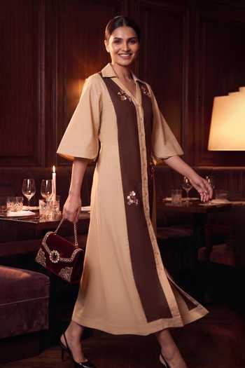 Shop_B'Infinite_Brown Cotton V-, Collared Embellished Shirt Maxi Dress _Online_at_Aza_Fashions