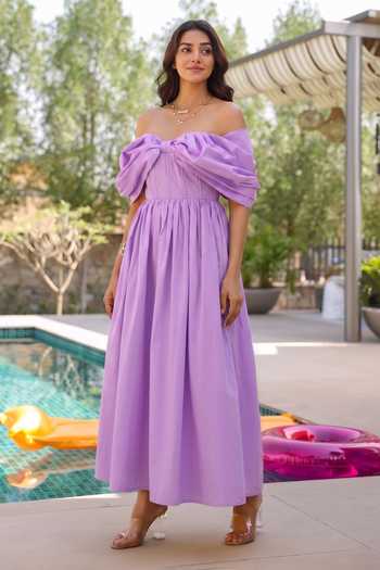 B'Infinite_Lilac Cotton Off-shoulder Off Dress _Online_at_Aza_Fashions