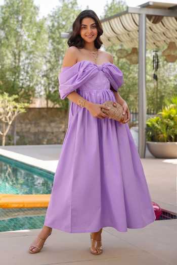 Shop_B'Infinite_Lilac Cotton Off-shoulder Off Dress _Online_at_Aza_Fashions