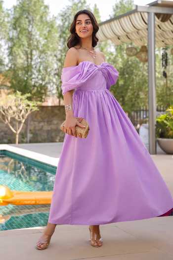 B'Infinite_Lilac Cotton Off-shoulder Off Dress _at_Aza_Fashions