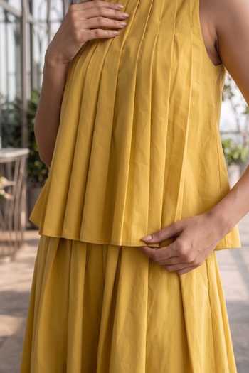 B'Infinite_Yellow Cotton High Neck Pleated Top And Skirt Set _Online_at_Aza_Fashions