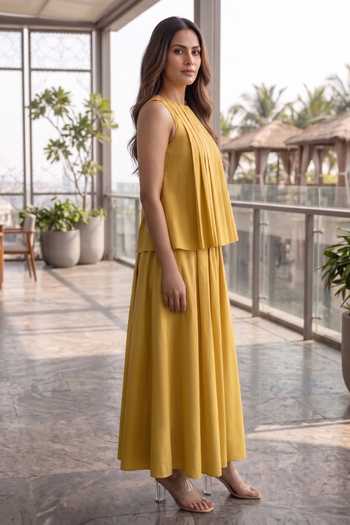 Buy_B'Infinite_Yellow Cotton High Neck Pleated Top And Skirt Set _Online_at_Aza_Fashions