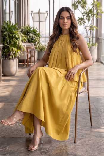 Shop_B'Infinite_Yellow Cotton High Neck Pleated Top And Skirt Set _Online_at_Aza_Fashions