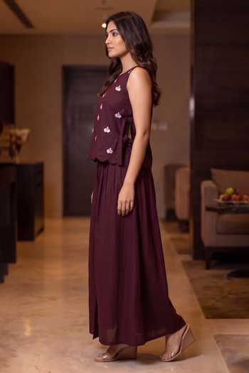 B'Infinite_Wine Linen Embellished Co-ord Top And Skirt Set _Online_at_Aza_Fashions