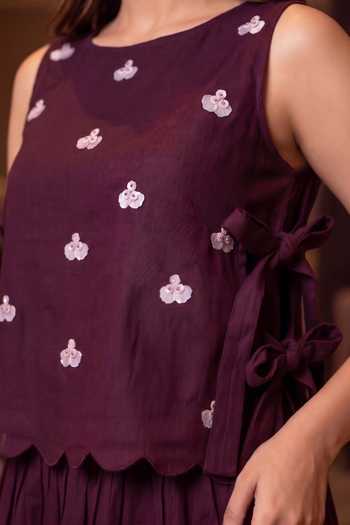 Buy_B'Infinite_Wine Linen Embellished Co-ord Top And Skirt Set _Online_at_Aza_Fashions