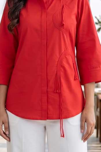 B'Infinite_Red Cotton Collared Neck Tie Detail Shirt Top _Online_at_Aza_Fashions