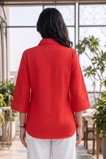 B'Infinite Red Tie Detail Cotton Collared Shirt Top 