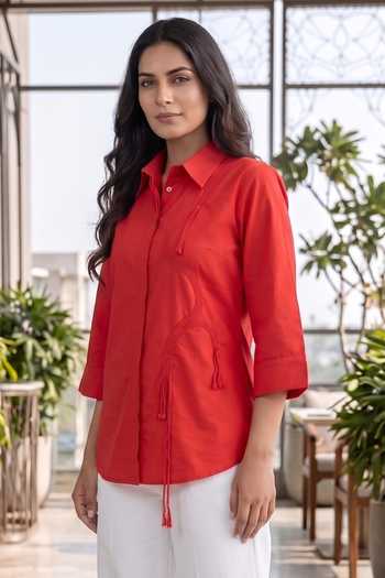 Buy_B'Infinite_Red Cotton Collared Neck Tie Detail Shirt Top _Online_at_Aza_Fashions