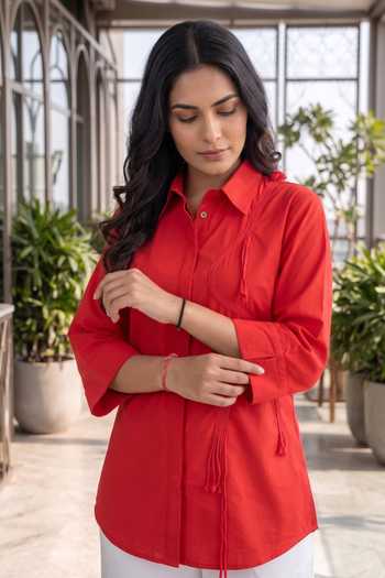 B'Infinite Red Tie Detail Cotton Collared Shirt Top 