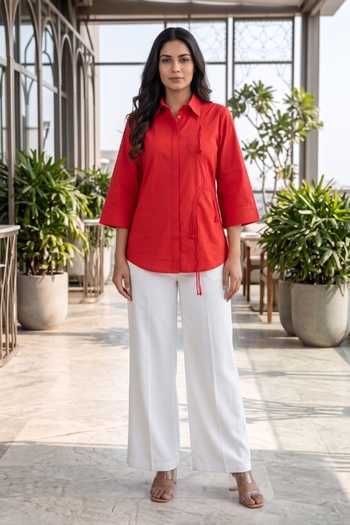 B'Infinite_Red Cotton Collared Neck Tie Detail Shirt Top _at_Aza_Fashions