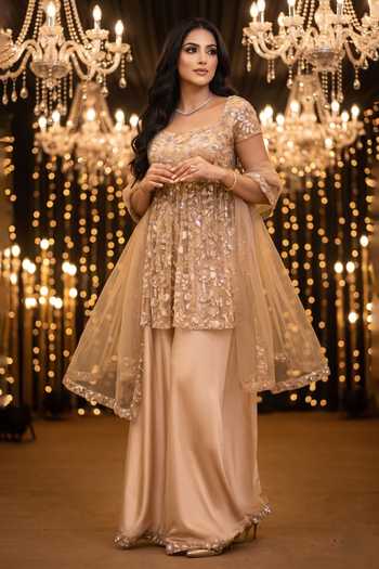 Shop B'Infinite Gold Net Sweetheart Neck Embroidered Kurta And Sharara Set Online at Aza Fashions Shop_B'Infinite_Gold Net Sweetheart Neck Embroidered Kurta And Sharara Set _Online_at_Aza_Fashions