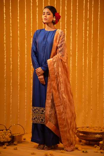 Buy Eraaya by Ratika J Blue Silk, Tissue Round Neck Bordered Straight Kurta Set Online at Aza Fashions Buy_Eraaya by Ratika J_Blue Silk, Tissue Round Neck Bordered Straight Kurta Set _Online_at_Aza_Fashions