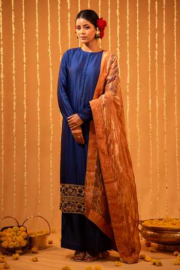 Shop Eraaya by Ratika J Blue Silk, Tissue Round Neck Bordered Straight Kurta Set Online at Aza Fashions Shop_Eraaya by Ratika J_Blue Silk, Tissue Round Neck Bordered Straight Kurta Set _Online_at_Aza_Fashions