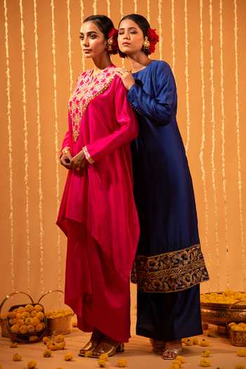 Shop Eraaya by Ratika J Blue Silk, Tissue Round Neck Bordered Straight Kurta Set Shop_Eraaya by Ratika J_Blue Silk, Tissue Round Neck Bordered Straight Kurta Set