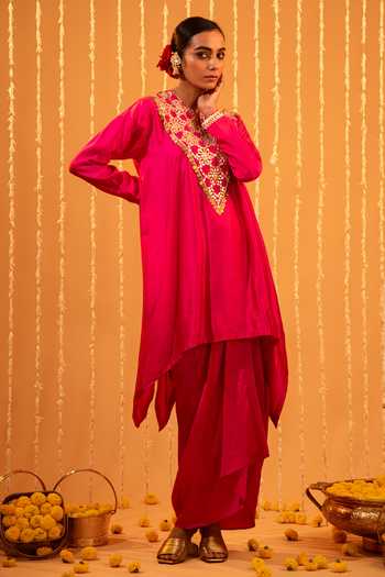 Eraaya by Ratika J Silk Embroidered Tunic & Draped Skirt Set 