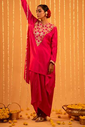 Buy Eraaya by Ratika J Pink Silk V-neck, Yes Embroidered Tunic And Draped Skirt Set Online at Aza Fashions Buy_Eraaya by Ratika J_Pink Silk V-neck, Yes Embroidered Tunic And Draped Skirt Set _Online_at_Aza_Fashions