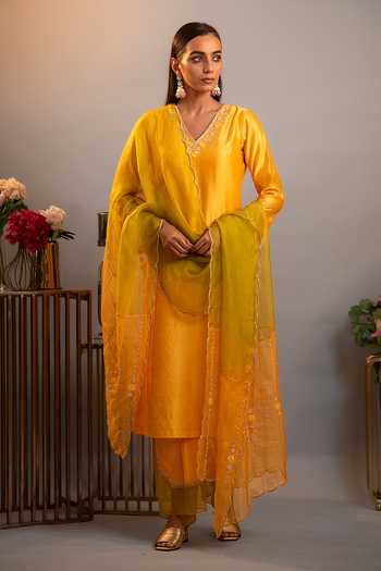 Buy Eraaya by Ratika J Yellow Silk, Organza V-neck Cutwork Embroidered Kurta Pant Set Online at Aza Fashions Buy_Eraaya by Ratika J_Yellow Silk, Organza V-neck Cutwork Embroidered Kurta Pant Set _Online_at_Aza_Fashions